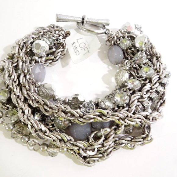 Ann Taylor LOFT  8 Layer Rope Stone Bead Antique Silver Toggle Bracelet NWT 29.5 - Picture 3 of 6